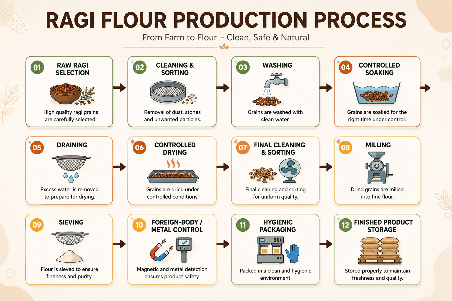 Ragi flour production process from grain selection to hygienic packaging